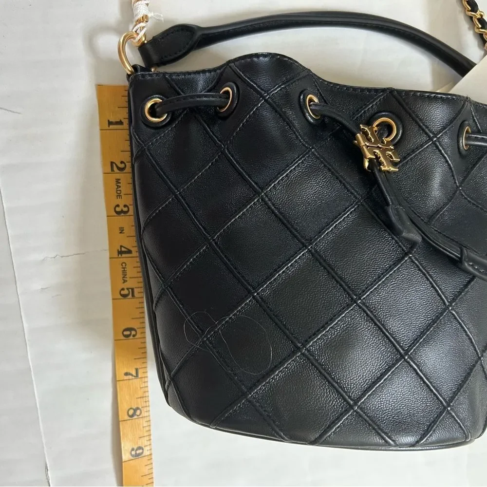 Tory Burch Fleming Black Quilted Soft Leather Bucket Bag NWT